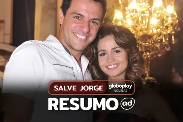 Protagonistas de Salve Jorge: Theo (Rodrigo Lombardi) e Morena (Nanda Costa) abraçados na arte do resumo semanal