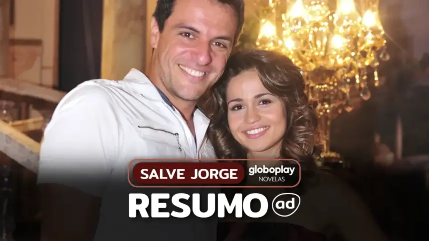 Protagonistas de Salve Jorge: Theo (Rodrigo Lombardi) e Morena (Nanda Costa) abraçados na arte do resumo semanal