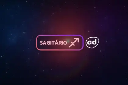 Arte com o logo do signo de Sagitário para o Horóscopo do dia