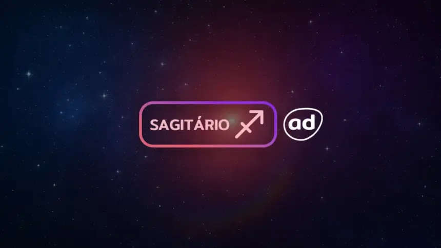 Arte com o logo do signo de Sagitário para o Horóscopo do dia