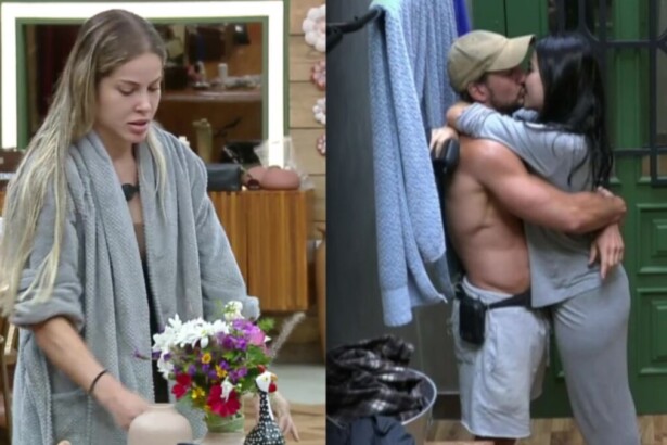 Saory com buquê de flores, em montagem com Mesquita e Duda se beijando no closet em A Fazenda