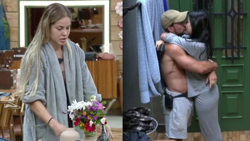 Saory com buquê de flores, em montagem com Mesquita e Duda se beijando no closet em A Fazenda