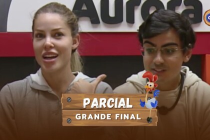 Saory e Dudu na arte da parcial da enquete da final de A Fazenda