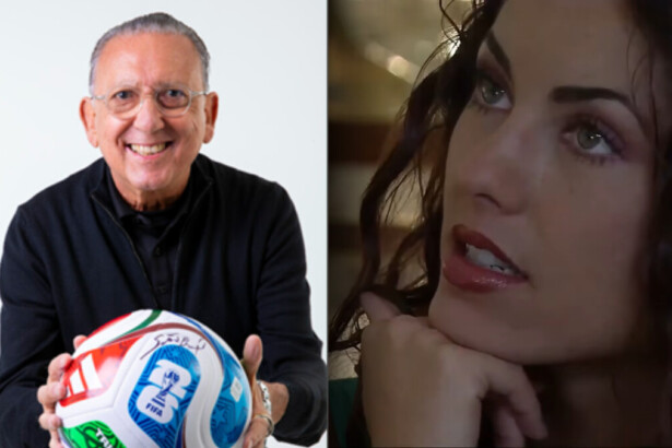 Galvão Bueno segura bola dividindo tela com Rubi em cena da novela do SBT
