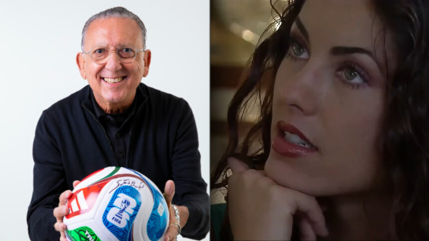 Galvão Bueno segura bola dividindo tela com Rubi em cena da novela do SBT