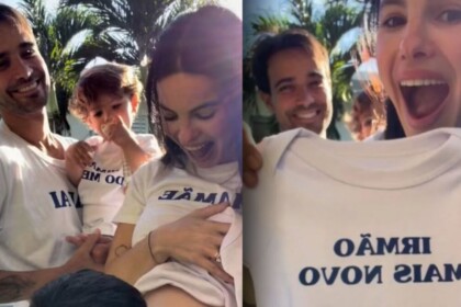 Sthefany Brito em vídeo anunciando a terceira gravidez ao lado do marido e dos filhos