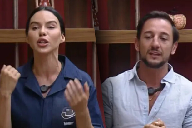 Tàmires no canto da sala pedindo votos dividindo tela com Mesquita que também pede votos para ficarem na 11ª Roça de A Fazenda 17