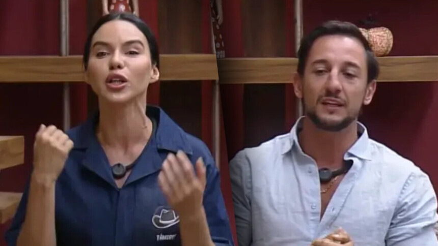 Tàmires no canto da sala pedindo votos dividindo tela com Mesquita que também pede votos para ficarem na 11ª Roça de A Fazenda 17