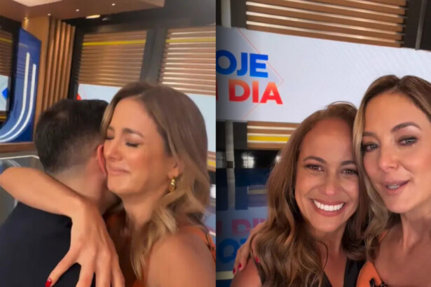 Ticiane Pinheiro abraça o diretor Bruno Gomes e chora, dividindo tela com Renata Alves também chorando no cenário do Hoje em Dia