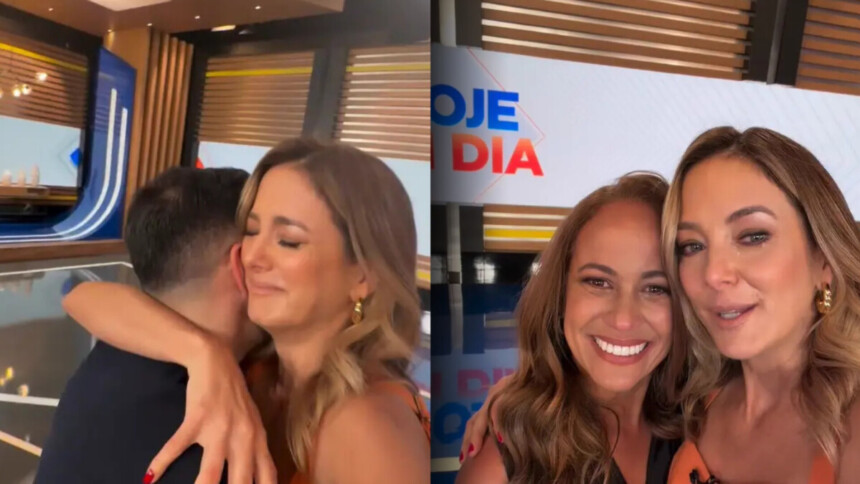 Ticiane Pinheiro abraça o diretor Bruno Gomes e chora, dividindo tela com Renata Alves também chorando no cenário do Hoje em Dia