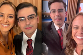 Ticiane Pinheiro ao lado de Dudu e Renata Alves também em selfie com o apresentador no cenário do Hoje em Dia na RECORD