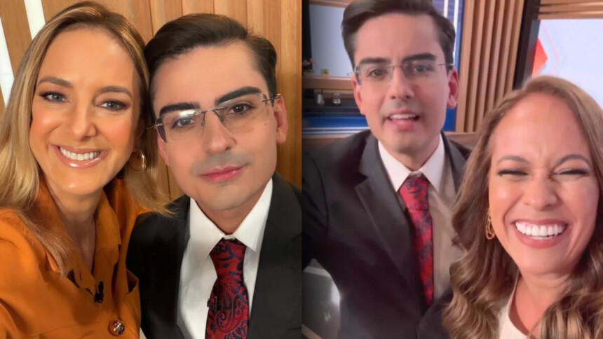 Ticiane Pinheiro ao lado de Dudu e Renata Alves também em selfie com o apresentador no cenário do Hoje em Dia na RECORD