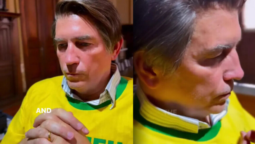 Jim Caviezel vestido com camisa da seleção brasileira e caracterizado como Jair Bolsonaro
