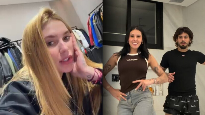 Virginia em stories dentro de um quarto, divide tela com Ana Castela e Zé Felipe dançando
