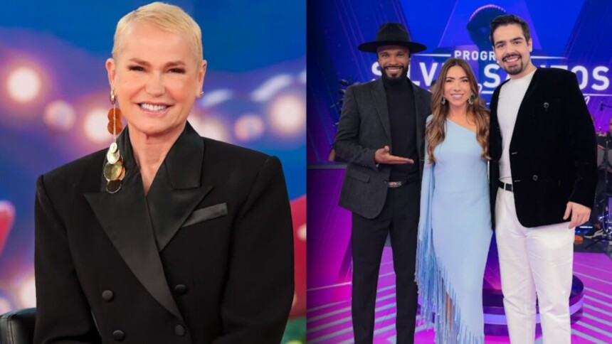 Xuxa, Alexandre Pires e João Silva, em montagem junto com Patricia Abravanel no Programa Silvio Santos