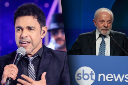 Zezé Di Camargo cantando com a mão no peito dividindo tela com Lula discursando no lançamento do SBT News