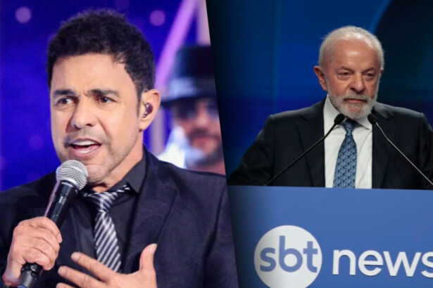 Zezé Di Camargo cantando com a mão no peito dividindo tela com Lula discursando no lançamento do SBT News