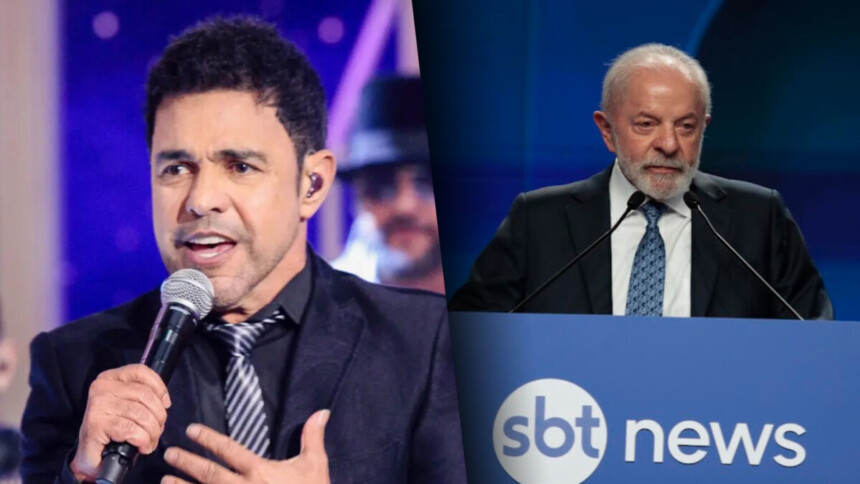 Zezé Di Camargo cantando com a mão no peito dividindo tela com Lula discursando no lançamento do SBT News