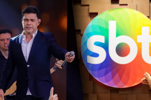 Zezé Di Camargo cantando no palco do especial de fim de ano do SBT divide tela com o logo da emissora