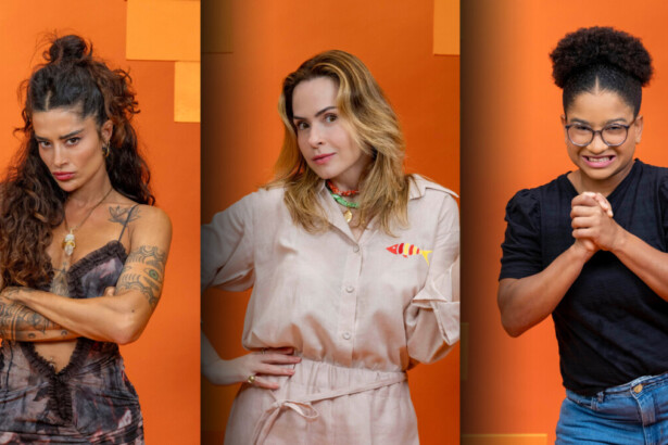 Aline Campos, Ana Paula Renault e Milena com semblantes tristes na arte do Paredão do BBB 26