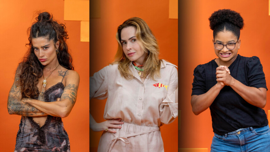Aline Campos, Ana Paula Renault e Milena com semblantes tristes na arte do Paredão do BBB 26