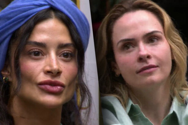 Aline Campos divide tela com Ana Paula Renault. As duas estão sentadas com semblantes sérios no sofá do BBB 26