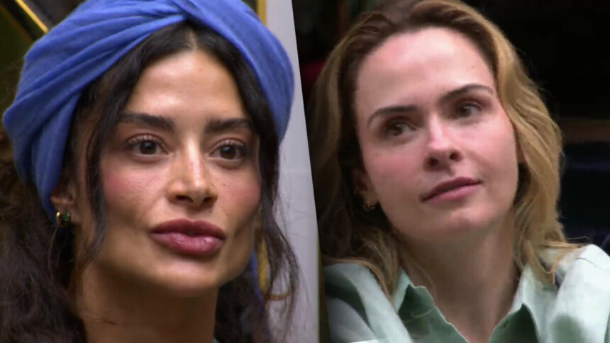 Aline Campos divide tela com Ana Paula Renault. As duas estão sentadas com semblantes sérios no sofá do BBB 26