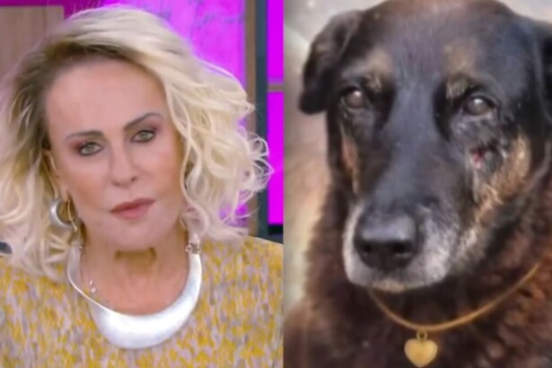 Ana Maria Braga emocionada no Mais Você, em montagem com o cão Orelha