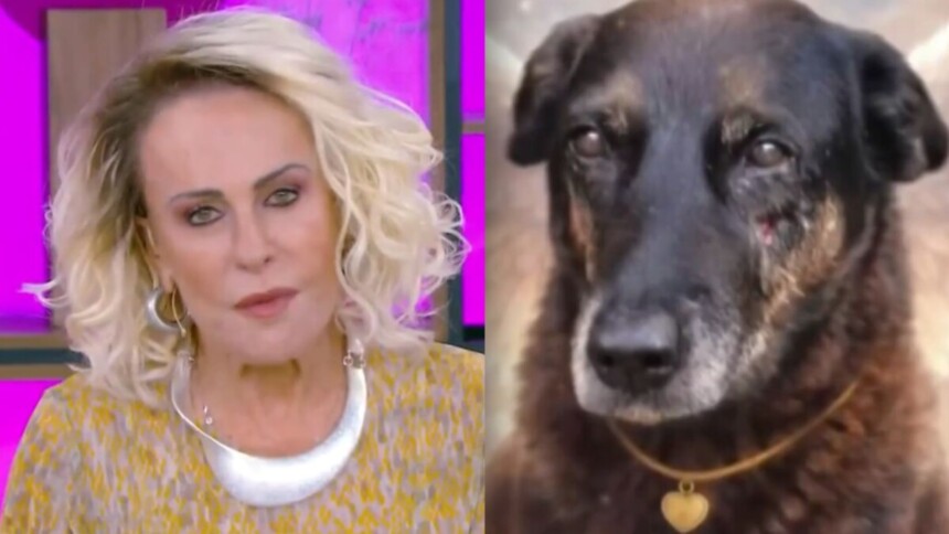Ana Maria Braga emocionada no Mais Você, em montagem com o cão Orelha