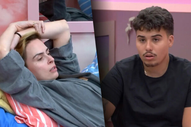 Ana Paula Renault com as mãos na cabeça deitada no quarto discutindo com Pedro que faz cara assustado em pé mexendo na mala do BBB 26