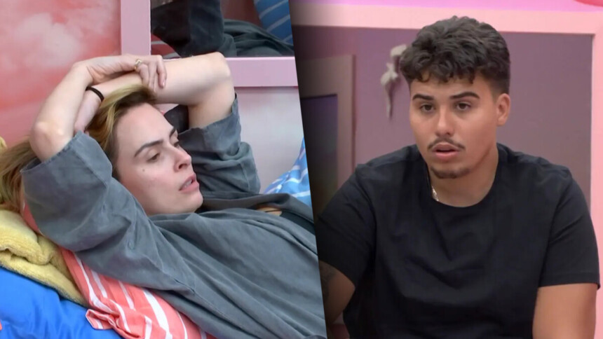 Ana Paula Renault com as mãos na cabeça deitada no quarto discutindo com Pedro que faz cara assustado em pé mexendo na mala do BBB 26