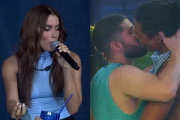 Anita e beijo de Breno e Marcelo em uma montagem na festa do BBB 26