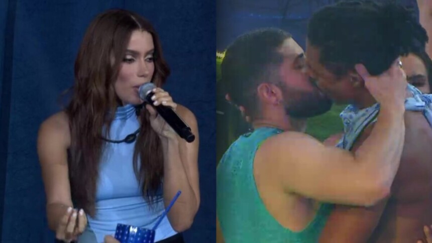 Anita e beijo de Breno e Marcelo em uma montagem na festa do BBB 26