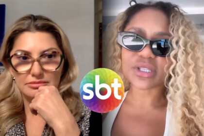 Antonia Fontenelle em gravação caseira detonando Cariúcha ela está numa montagem ao lado do logo do SBT