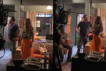 Viviane Araújo e Belo Caracterizados como Consuelo e Misael em cena de Três Graças na sala da casa dos personagens