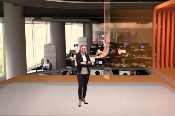 Simulação em 3D animado do novo cenário do Bom Dia Brasil com mezanino na Globo
