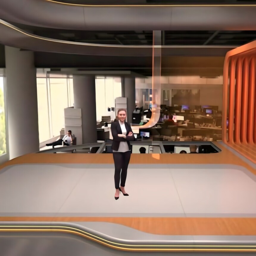 Simulação em 3D animado do novo cenário do Bom Dia Brasil com mezanino na Globo
