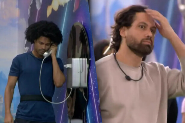 Breno atende Big Fone dividindo tela com Brigido com a mão na cabeça no gramado do BBB 26