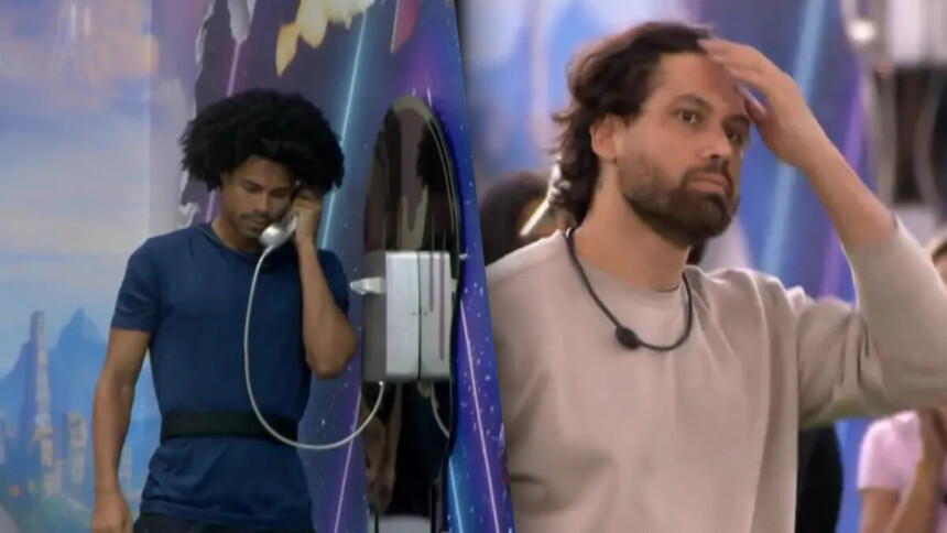 Breno atende Big Fone dividindo tela com Brigido com a mão na cabeça no gramado do BBB 26