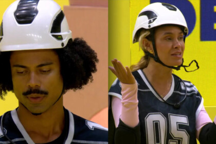 Breno olha para o chão do provódromo e Sarah dar tchau para os colegas na primeira Prova do Líder do BBB 26