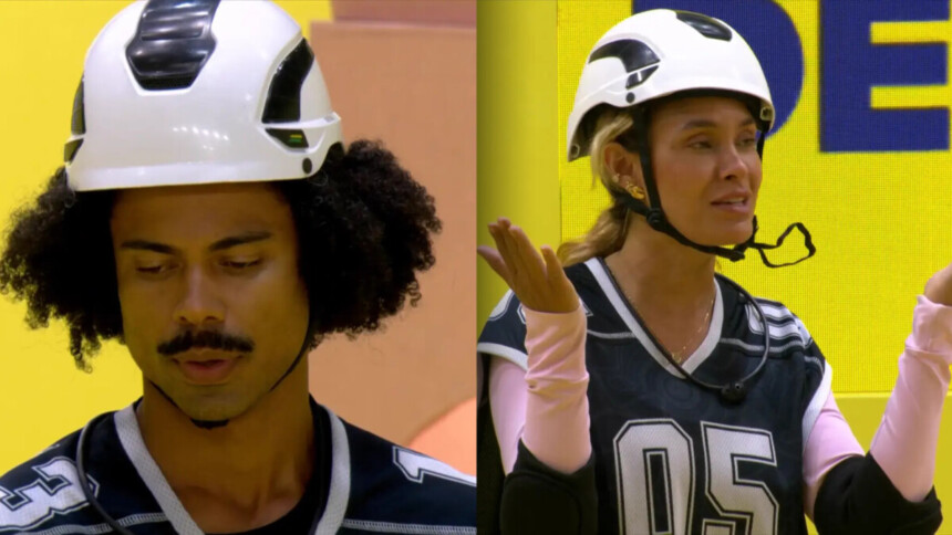 Breno olha para o chão do provódromo e Sarah dar tchau para os colegas na primeira Prova do Líder do BBB 26
