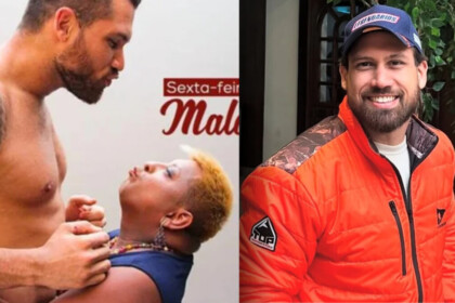 Brigido em dois momentos um simulando um beijo com Patixa Teló em propaganda de Motel e outro vestido de LEgendários