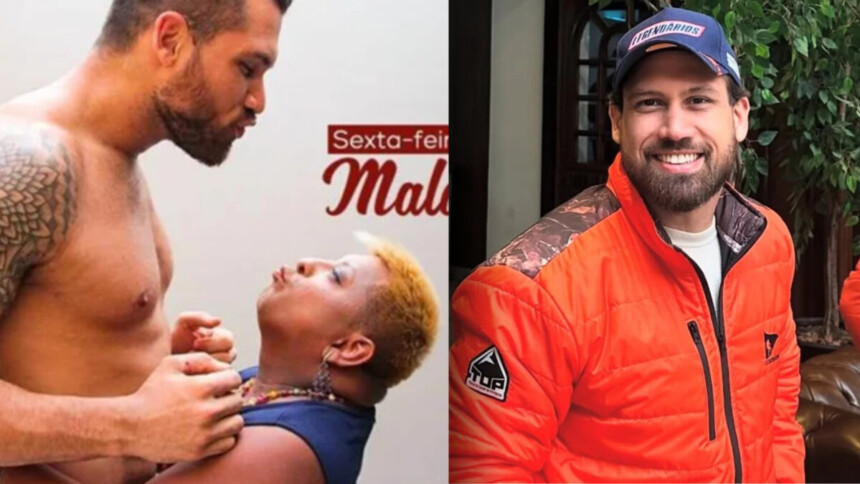 Brigido em dois momentos um simulando um beijo com Patixa Teló em propaganda de Motel e outro vestido de LEgendários