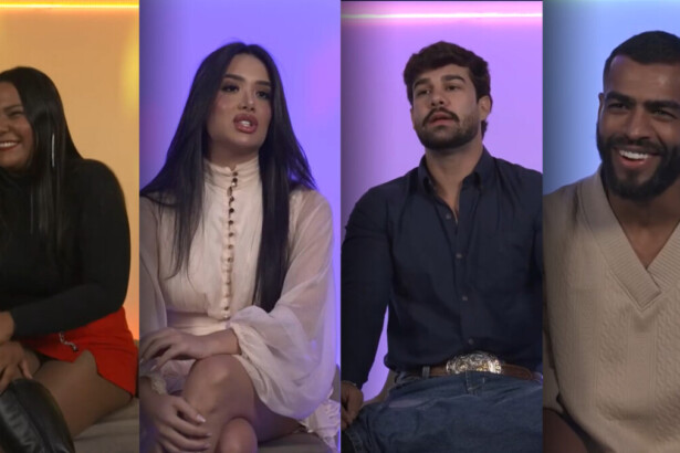 Chaiany, Jordana, Paulo Augusto e Ricardo sorrindo durante a apresentação da Casa de Vidro do Centro-Oeste do BBB 26