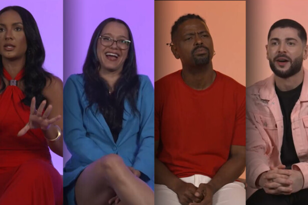 Maxiane, Rafaella, Leandro e Marcelo candidatos do nordeste sentados e sorridentes na chamada do Big Day da casa de vidro do BBB 26