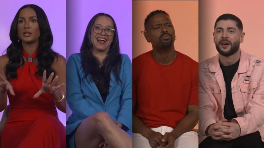 Maxiane, Rafaella, Leandro e Marcelo candidatos do nordeste sentados e sorridentes na chamada do Big Day da casa de vidro do BBB 26