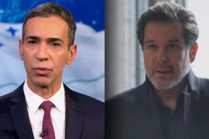 Cesar Tralli no JN e Murilo Benício como Ferette em Três Graças em uma montagem