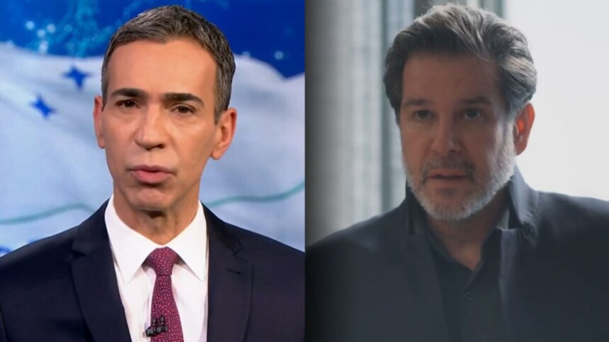 Cesar Tralli no JN e Murilo Benício como Ferette em Três Graças em uma montagem