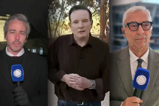Montagem: Da esquerda para a direita, correspondente da RECORD nos EUA Mathias Brotero, apresentador Roberto Cabrini e repórter Ari Peixoto. Todos com microfone da RECORD nas mãos