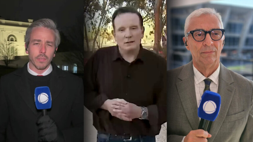 Montagem: Da esquerda para a direita, correspondente da RECORD nos EUA Mathias Brotero, apresentador Roberto Cabrini e repórter Ari Peixoto. Todos com microfone da RECORD nas mãos